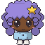 A pixel buddy with purple curls and a star clip